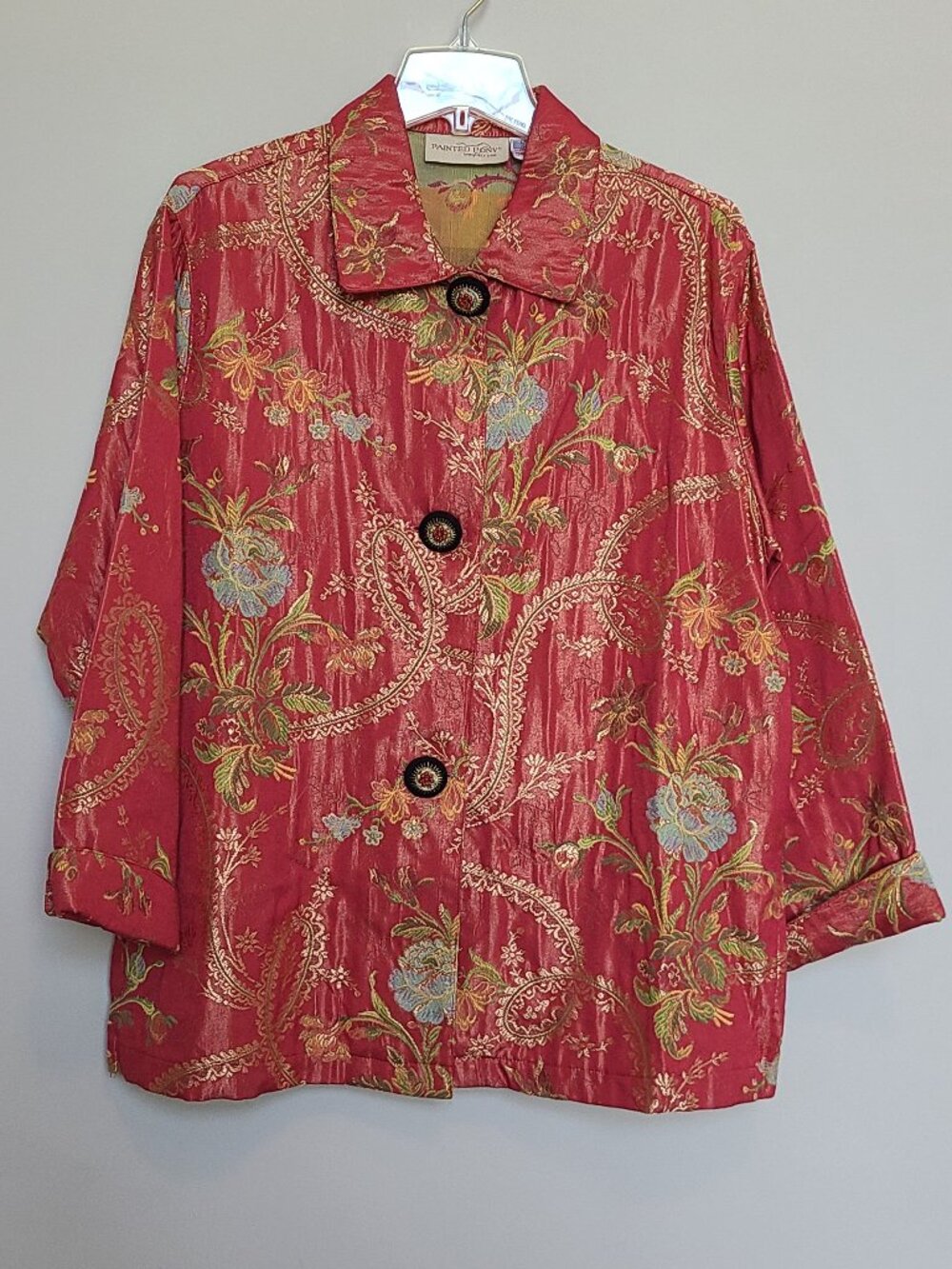 Painted Pony Blazer Jacket Red Brocade beaded buttons tapestry